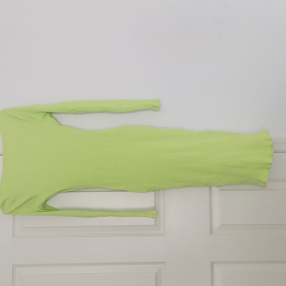 Meshki Ribbed Bodycon Midi Longsleeved Lime Green Dress Size Medium - Picture 9 of 11